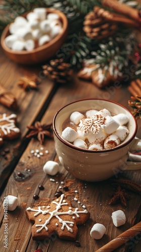 Cozy winter scene with steaming hot chocolate topped with marshmallows, surrounded by festive gingerbread cookies and aromatic spices on rustic wood.