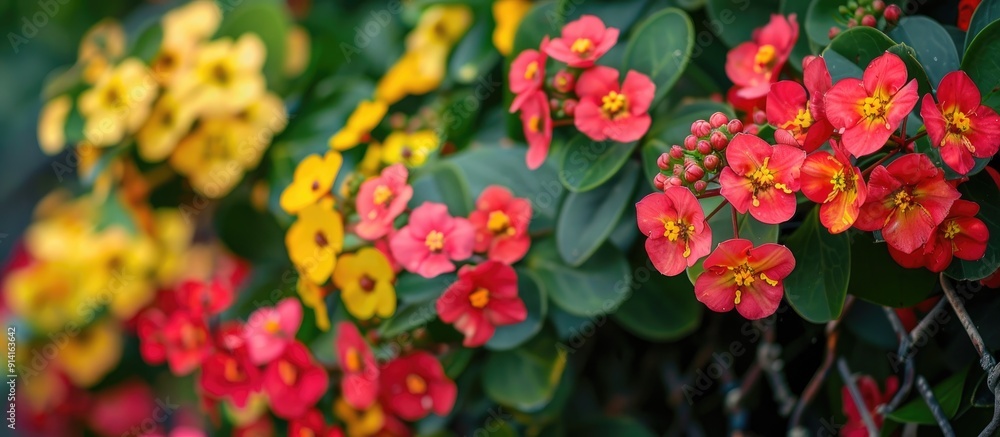 A vibrant mix of red and yellow Euphorbia Milii Desmoul flowers sits alongside Pink Red Poi Sian blooms on a bush near a fence creating a cheerful card pattern against a copy space image A vibrant mix of red and yellow Euphorbia Milii Desmoul flowers sits alongside Pink Red Poi Sian blooms on a bush near a fence creating a cheerful card pattern against a copy space image