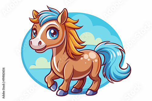 Cartoon Brown Horse with Blue Mane and Tail