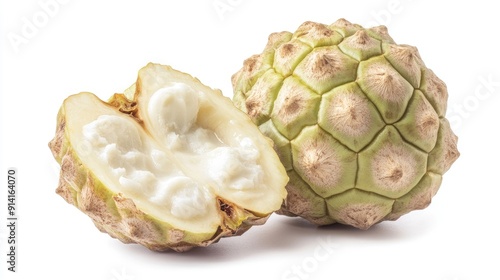 A whole custard apple with a section opened to display its creamy white interior, on a white background.