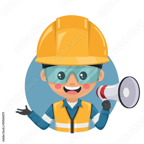 Industrial engineer dressed in reflective safety vest, blue coverall, helmet, safety glasses and gloves making an announcement with a megaphone. Industrial safety and occupational health at work