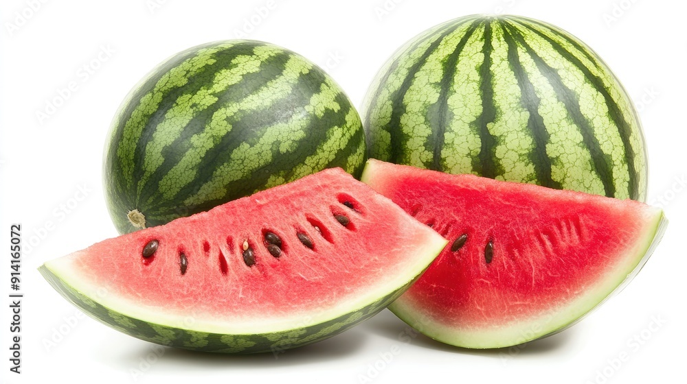 A whole watermelon with a quarter slice cut out, showing the juicy red flesh and seeds, on a white background. A whole watermelon with a quarter slice cut out, showing the juicy red flesh and seeds, on a white background.