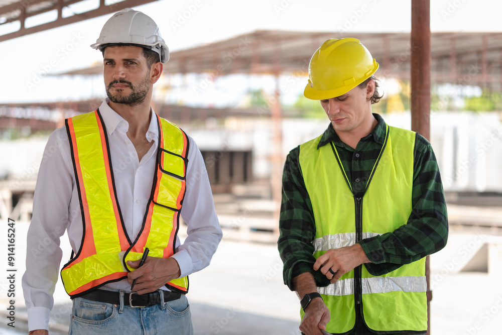 Technician engineer in hardhat working at construction site, Foreman worker on a construction site Technician engineer in hardhat working at construction site, Foreman worker on a construction site