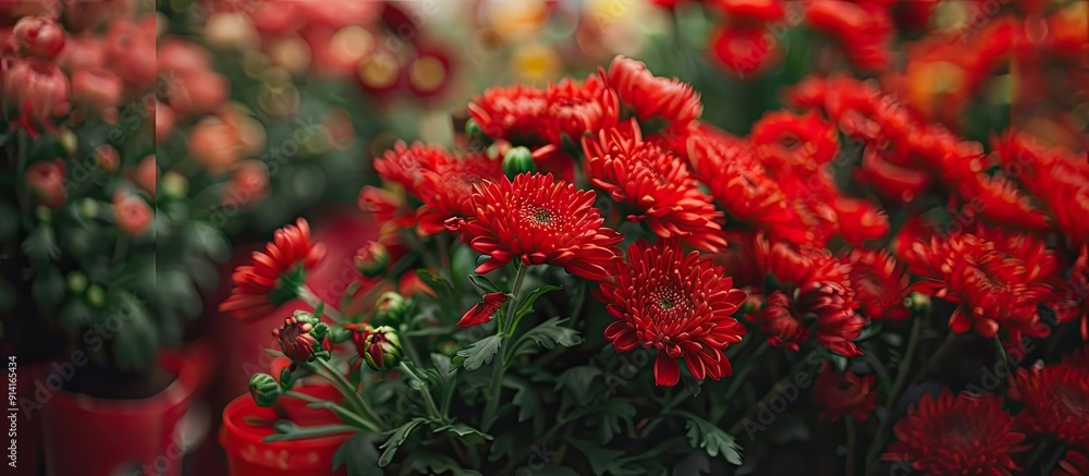 Background of a floral shop with a bunch of red chrysanthemums perfect for a copy space image Background of a floral shop with a bunch of red chrysanthemums perfect for a copy space image