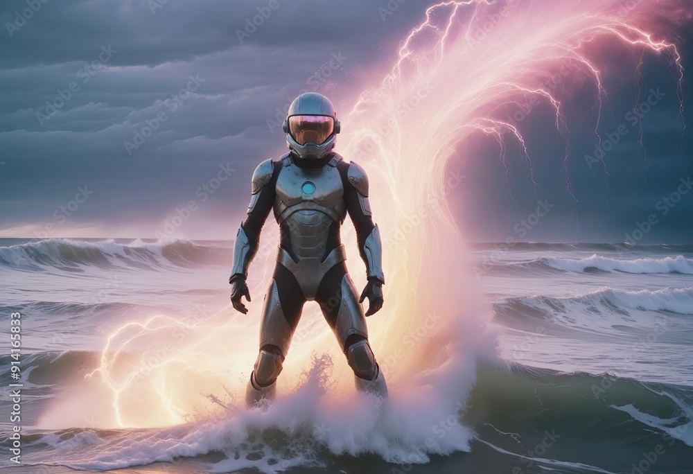 A lone figure stands on a pulsating wave of cosmic energy A lone figure stands on a pulsating wave of cosmic energy