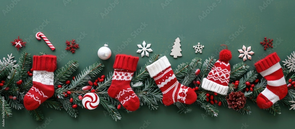 Festive knitted decorations like socks sweaters hats and candies in red and white displayed on a green backdrop with a snowy fir tree branch perfect for a copy space image Festive knitted decorations like socks sweaters hats and candies in red and white displayed on a green backdrop with a snowy fir tree branch perfect for a copy space image