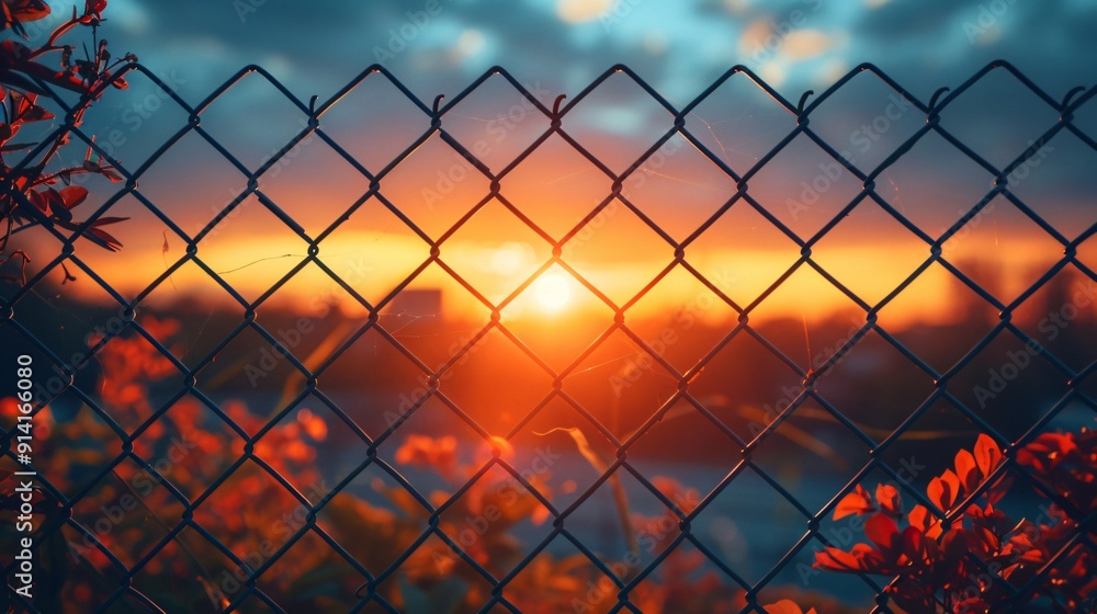 The sun sets behind the city skyline, casting warm hues across the sky and illuminating foliage beyond a chain link fence The sun sets behind the city skyline, casting warm hues across the sky and illuminating foliage beyond a chain link fence