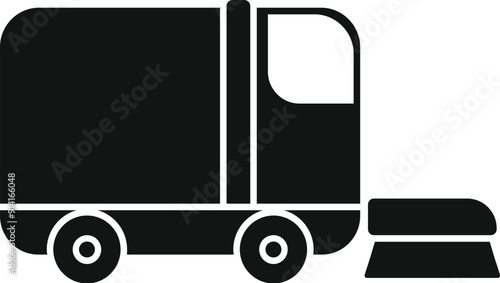 Simple black icon representing a street cleaning machine cleaning the roadside