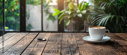 Wooden table in a coffee shop background with a plant coffee cup and ashtray offering copy space image