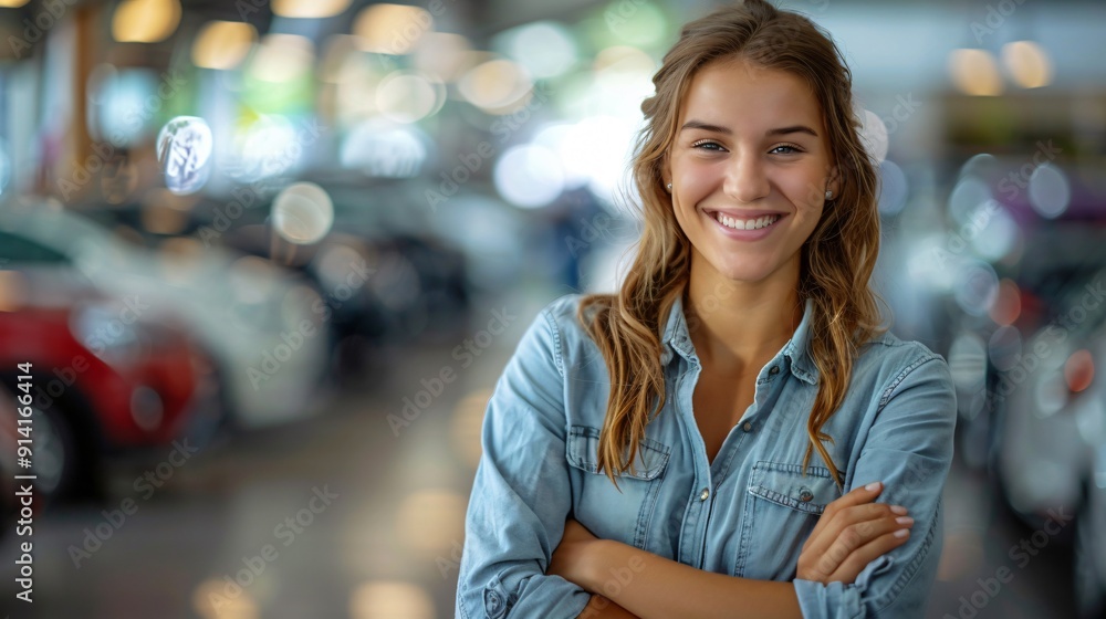 A joyful young woman stands with arms crossed in a bustling car dealership, showcasing excitement and engagement with the vibrant surroundings A joyful young woman stands with arms crossed in a bustling car dealership, showcasing excitement and engagement with the vibrant surroundings