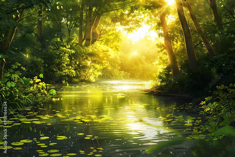 Serene Forest River: Sunlit Tranquility in Lush Greenery Serene Forest River: Sunlit Tranquility in Lush Greenery