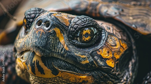 A close-up of a turtles wrinkled face and wise eyes copy space for products promoting longevity. (Wisdom