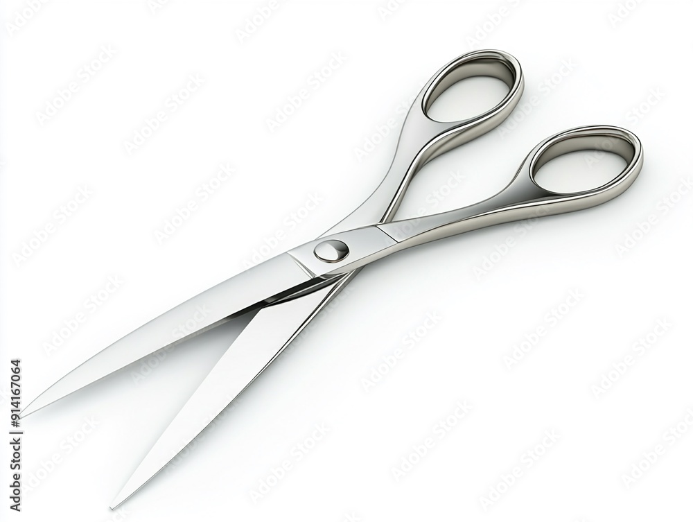 A silver pair of scissors on a white background A silver pair of scissors on a white background