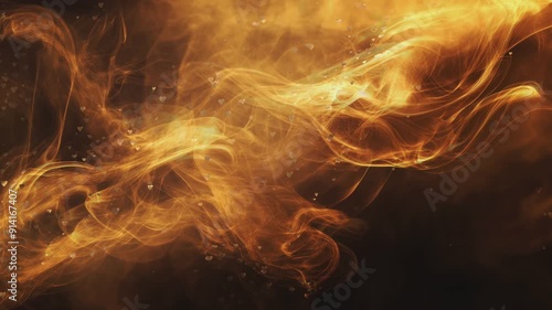 Abstract image of flowing smoke in gold with white hearts against a dark background.