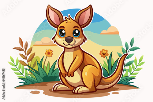Cartoon Illustration of a Brown Kangaroo in a Green Meadow