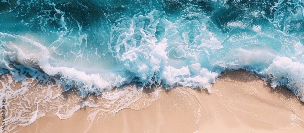 Tropical waves create a scenic ocean background with a sandy shore white foam and a serene natural view suitable for a copy space image Tropical waves create a scenic ocean background with a sandy shore white foam and a serene natural view suitable for a copy space image