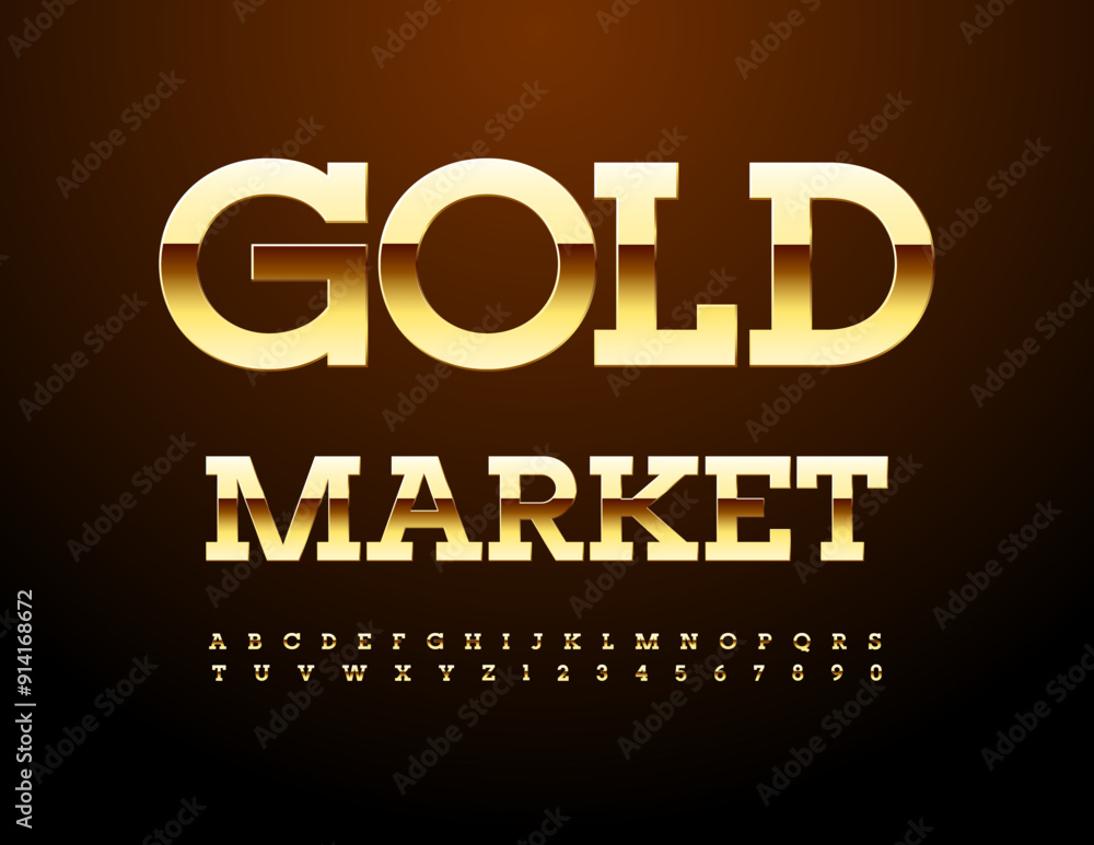 Vector premium emblem Gold Market with luxury Alphabet Letters and Numbers set. Elite shiny Font Vector premium emblem Gold Market with luxury Alphabet Letters and Numbers set. Elite shiny Font