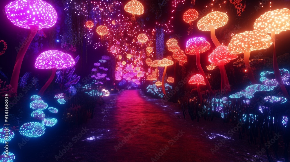 A mesmerizing digital depiction of an otherworldly forest illuminated by glowing bioluminescent mushrooms in vibrant hues of neon pink, purple, and blue
A mesmerizing digital depiction of an otherworldly forest illuminated by glowing bioluminescent mushrooms in vibrant hues of neon pink, purple, and blue