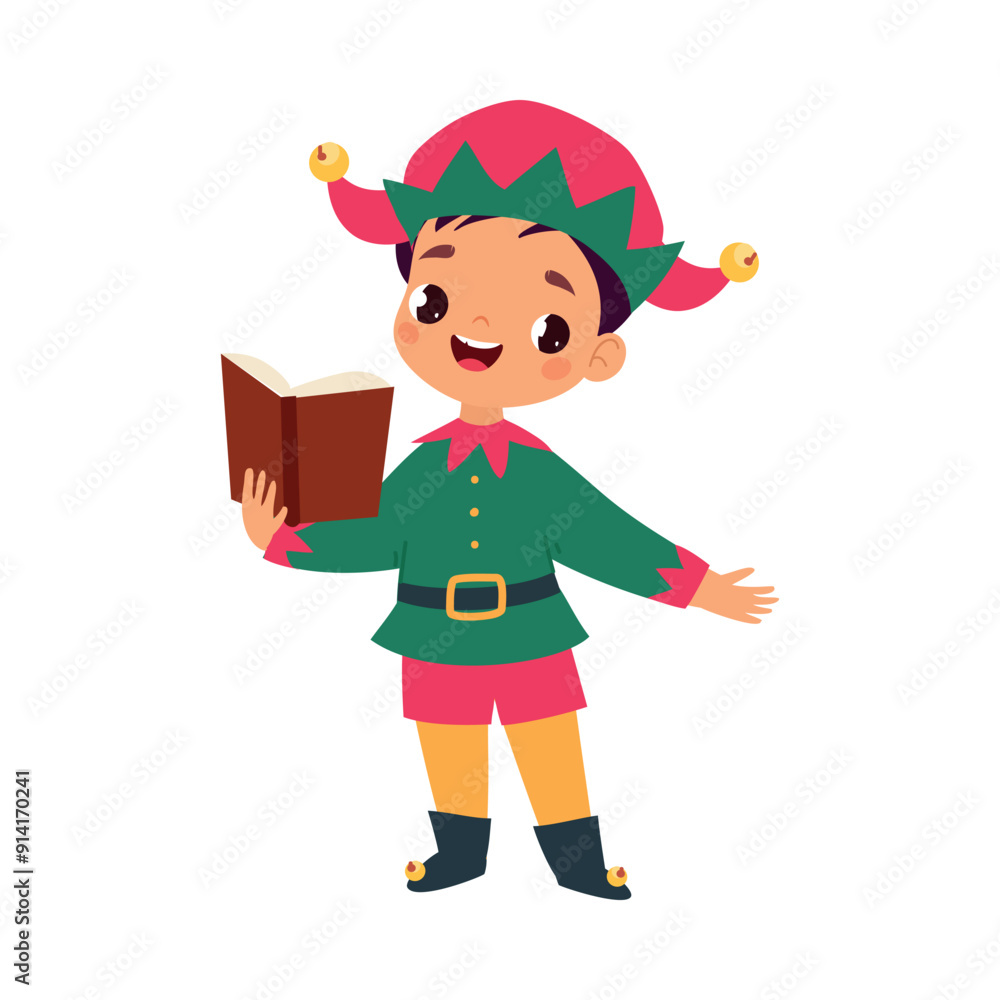 Boy Character in Elf Costume Sing Carols Celebrate Christmas Holiday at Winter Vector Illustration