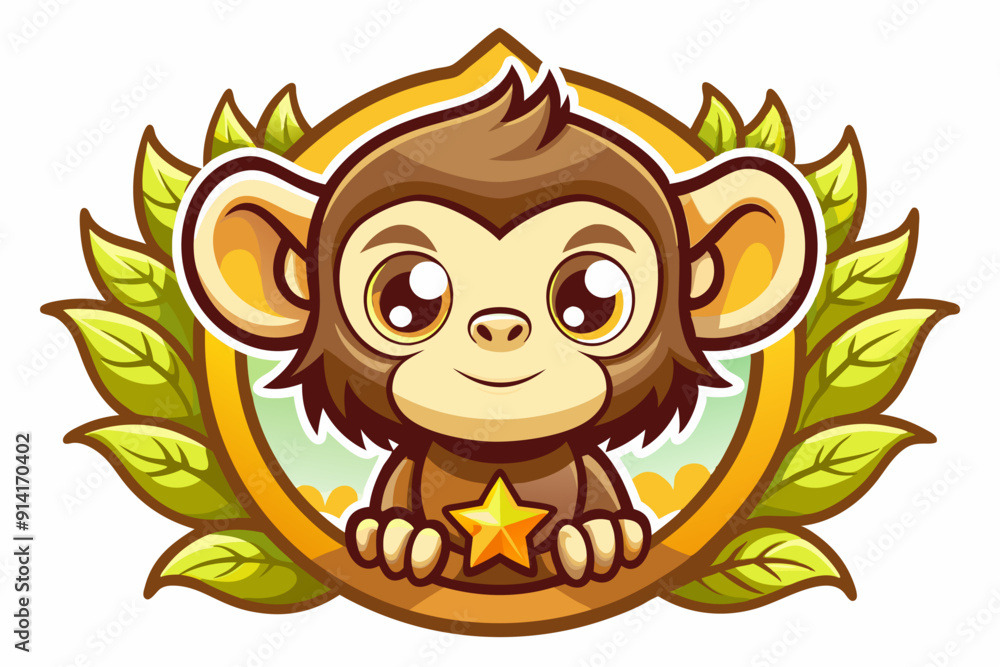 Fototapeta premium A Cute Cartoon Monkey Holding a Golden Star in a Leaf Frame
