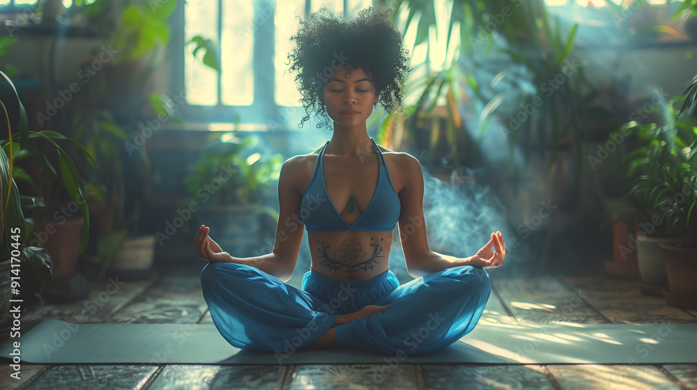 A latin woman sitting in lotus position meditating at home A latin woman sitting in lotus position meditating at home
