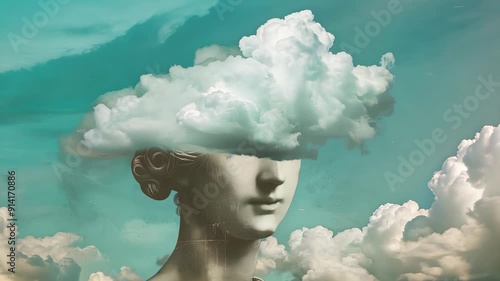 Statue of a woman with head in the clouds against surreal sky, dreamlike mood concept