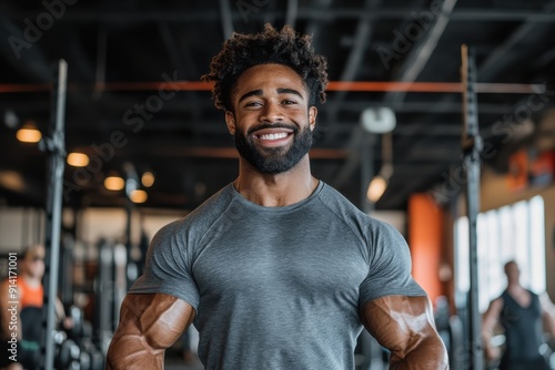 A fit man smiles broadly at the gym, dressed in workout attire, representing health and happiness as he engages in a dedicated and motivational fitness routine. photo