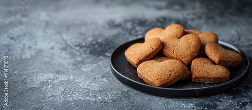 Heart shaped cookies displayed on a black plate stand against a gray concrete backdrop Perfect for Valentine s weddings or birthdays ideal for a thoughtful breakfast gift These diabetic friendly bisc photo