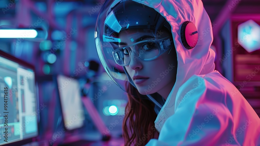 smart woman robot engineer programmer work in robotic lab research and development team. student engineer concept. copy space for text. smart woman robot engineer programmer work in robotic lab research and development team. student engineer concept. copy space for text.