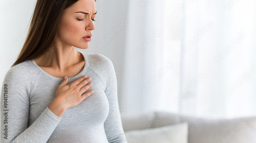 A woman is experiencing difficulty breathing, holding her chest in a calm indoor setting, conveying a sense of concern and introspection. A woman is experiencing difficulty breathing, holding her chest in a calm indoor setting, conveying a sense of concern and introspection.