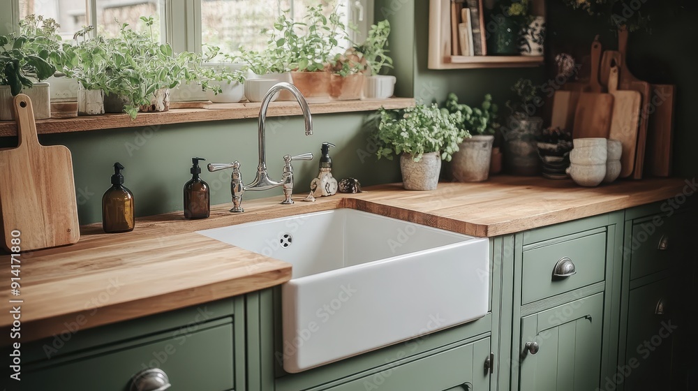 Fototapeta premium Rustic Kitchen Sink with Green Cabinets