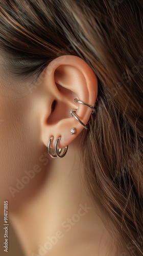 Close-up of woman with various Pierced Ear