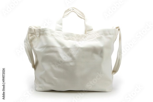 White Canvas Tote Bag: A white background with an isolated white canvas tote bag. The bag includes an open main section and two handles, Generative AI.