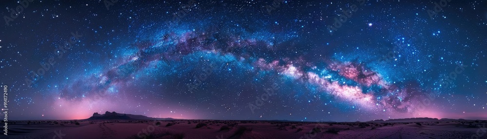 Panoramic view of the Milky Way galaxy over the desert night sky, showcasing the beauty of stars and cosmic wonders. Panoramic view of the Milky Way galaxy over the desert night sky, showcasing the beauty of stars and cosmic wonders.