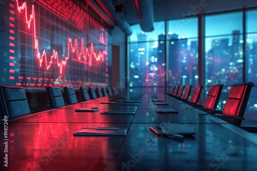 Boardroom with City View and Financial Chart