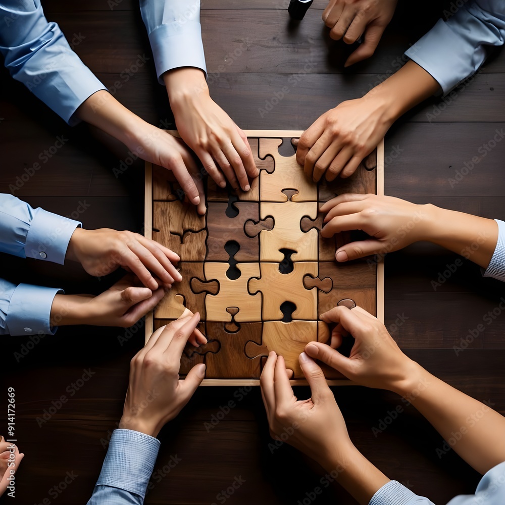 An AI-generated image showcasing the close-up view of business people fixing large dark brown wooden puzzle pieces together on a grey desk. The image captures the essence of teamwork, collaboration, An AI-generated image showcasing the close-up view of business people fixing large dark brown wooden puzzle pieces together on a grey desk. The image captures the essence of teamwork, collaboration,