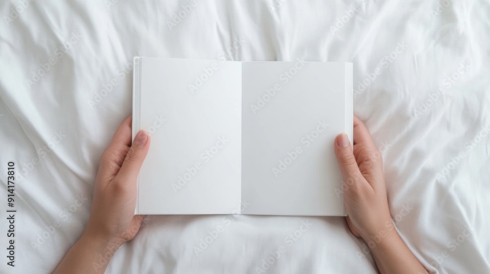 A person holds an open blank book on a soft white bed, inviting creativity and imagination in a serene environment. A person holds an open blank book on a soft white bed, inviting creativity and imagination in a serene environment.