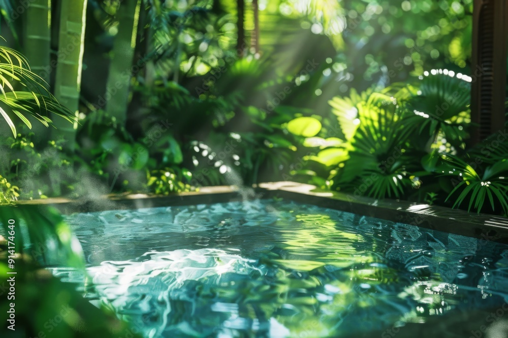 A close-up view of a peaceful outdoor spa area enveloped in lush greenery, inviting relaxation and rejuvenation. The serene ambiance is perfect for escaping the stresses of everyday life. A close-up view of a peaceful outdoor spa area enveloped in lush greenery, inviting relaxation and rejuvenation. The serene ambiance is perfect for escaping the stresses of everyday life.