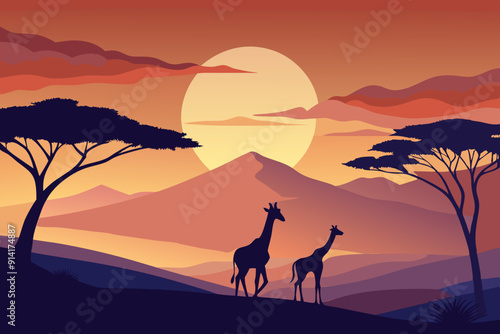 Vector illustration of an African landscape with silhouettes of giraffes