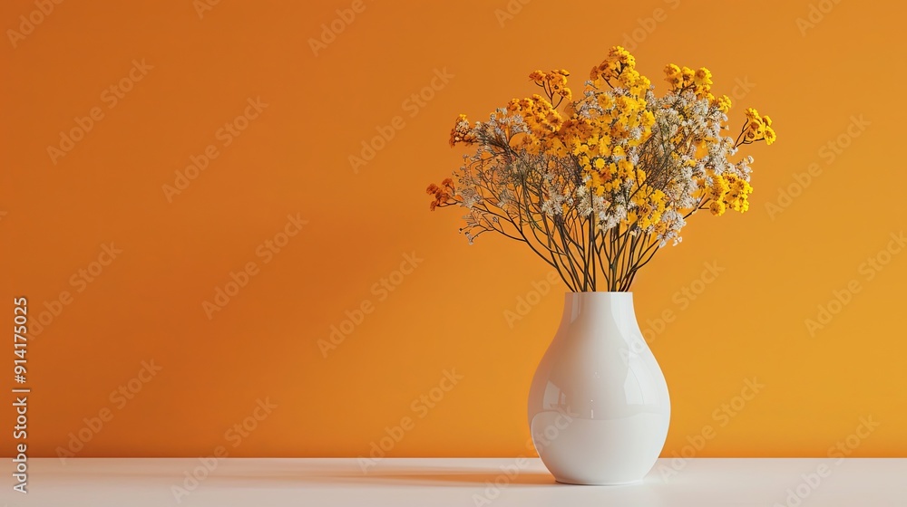 custom made wallpaper toronto digitalYellow flowers in a white vase on a white surface against an orange wall.