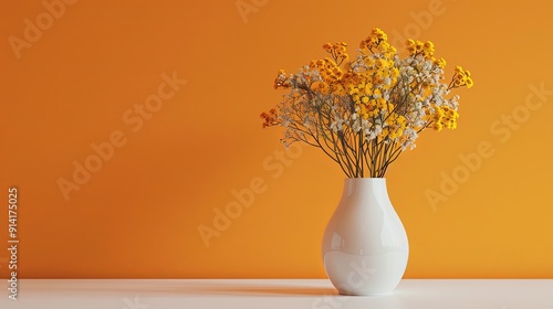 Yellow flowers in a white vase on a white surface against an orange wall.