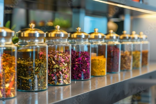 Detail shot of a colorful array of herbal tea selection in a spa lounge Hyper realistic. Shot with canon 5d Mark III --ar 3:2 --style raw Job ID: f4bfca28-a09e-4b27-beca-2c2de003e6ae