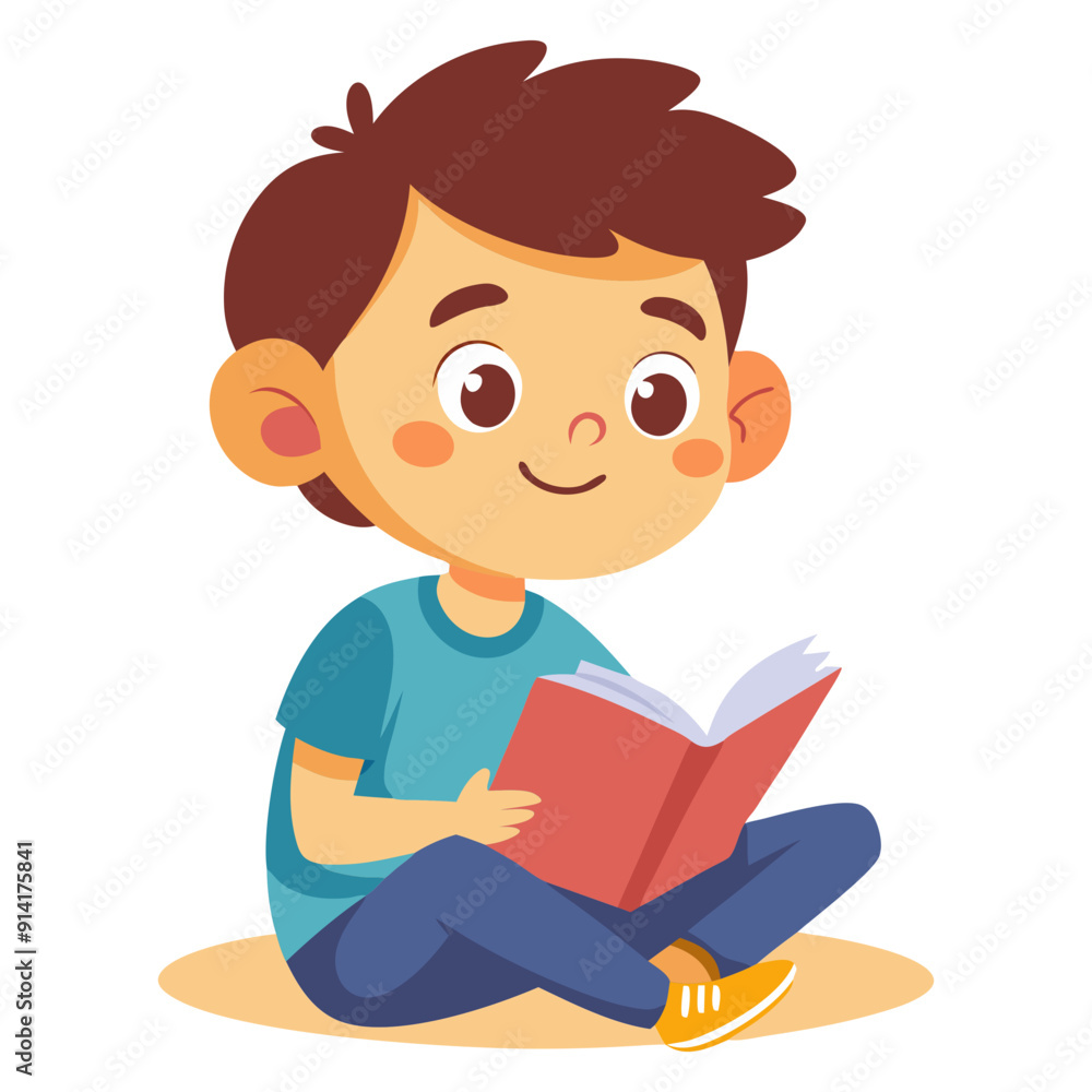 Happy Cute boy sitting on the floor and reading a book. Isolated vector illustration. Happy Cute boy sitting on the floor and reading a book. Isolated vector illustration.
