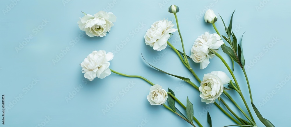 Flat lay of lovely Eustoma flowers on a soft blue backdrop ideal for adding text with copy space image Flat lay of lovely Eustoma flowers on a soft blue backdrop ideal for adding text with copy space image