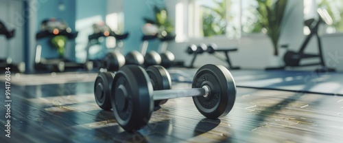 black barbell with weights on floor and collars in dramatic lighting in gym.