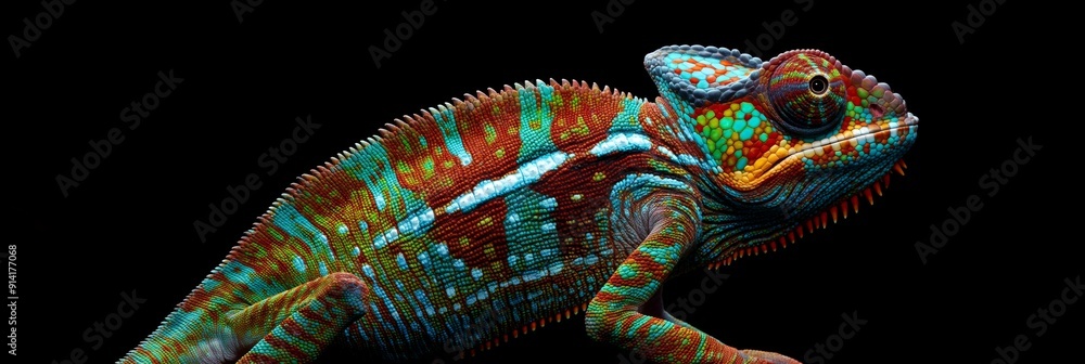 A colorful lizard is shown on a black background. The lizard is green, blue, and red, and it is looking at the camera. The image has a vibrant and lively mood A colorful lizard is shown on a black background. The lizard is green, blue, and red, and it is looking at the camera. The image has a vibrant and lively mood