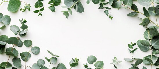 Eucalyptus branches create a border frame on a white background with copy space image