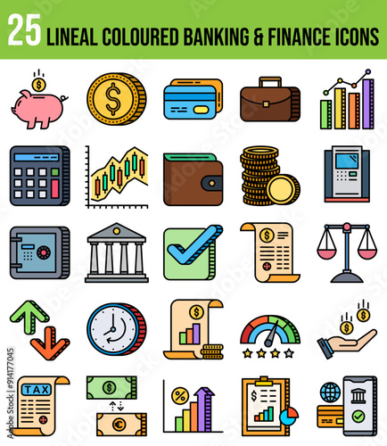 Banking & Finance - Editable Icons set. Vector illustration in the modern lineal coloured style of banking-related icons: currency, bank, graph and more.