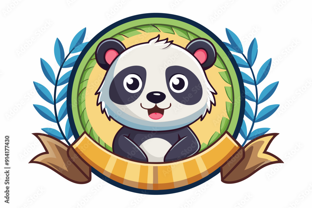 Fototapeta premium Cute Cartoon Panda Bear with Green Bamboo Leaves and Ribbon