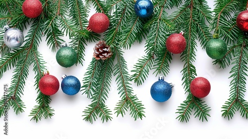 Christmas ornaments and pine branches on white background.